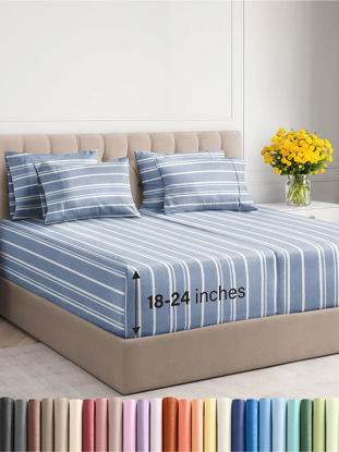 Picture of Extra Deep Full Sheet Set - 6 Piece Breathable and Cooling Sheets - Hotel Luxury Bed Sheets Set - Easy Fit - Soft, Wrinkle Free and Comfy Sheets Set - Blue Striped Sheet Set with Extra Deep Pockets