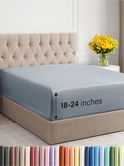 Picture of Extra Deep King Fitted Sheet - Hotel Luxury Single Fitted Sheet Only - Easily Fits 18 inch to 24 inch Mattress - Soft, Wrinkle Free, Breathable & Comfy Extra Deep Pockets Heathered Blue Fitted Sheet