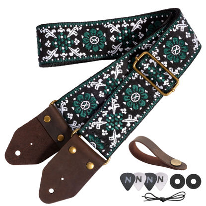 Picture of Nefelibata Guitar Strap,Jacquard Embroidery Cotton Guitar Straps with Crazy Horse Leather Ends for Bass, Electric & Acoustic, Best Gifts for Guitarists(Dark Green Flower Embroidery)