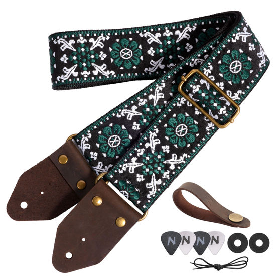 Picture of Nefelibata Guitar Strap,Jacquard Embroidery Cotton Guitar Straps with Crazy Horse Leather Ends for Bass, Electric & Acoustic, Best Gifts for Guitarists(Dark Green Flower Embroidery)