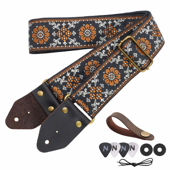 Picture of Nefelibata Guitar Strap,Jacquard Embroidery Cotton Guitar Straps with Crazy Horse Leather Leather Ends for Bass, Electric & Acoustic, Best Gifts for Kids, Guitarists(Retro yellow flower embroidery)