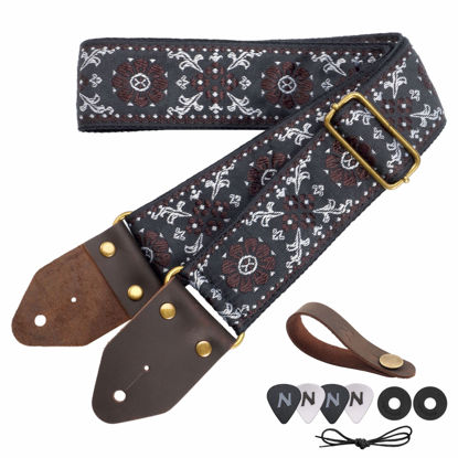 Picture of Nefelibata Guitar Strap,Jacquard Embroidery Cotton Guitar Straps with Crazy Horse Leather Ends for Bass, Electric & Acoustic, Best Gifts for Kids, Guitarists(Brown flower embroidery)