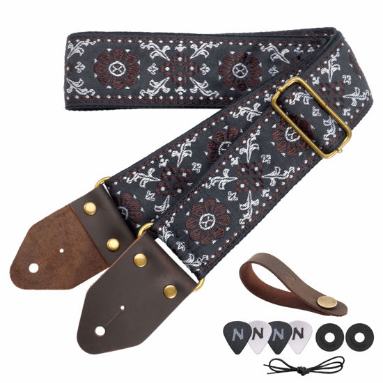 Picture of Nefelibata Guitar Strap,Jacquard Embroidery Cotton Guitar Straps with Crazy Horse Leather Ends for Bass, Electric & Acoustic, Best Gifts for Kids, Guitarists(Brown flower embroidery)