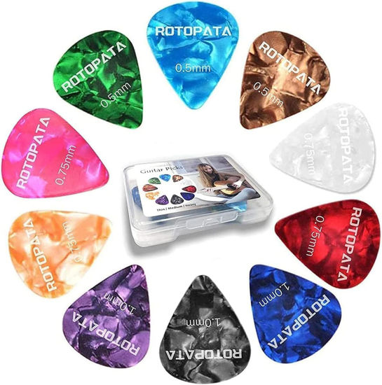 Picture of 60 Pack Guitar Picks with Organizer Storage Box, 0.5 0.58 0.75 0.84 1.0 1.2mm Includes Thin Medium Heavy Thickness, Variety Colorful Celluloid Plectrums for Bass Electric Acoustic Guitars Ukulele