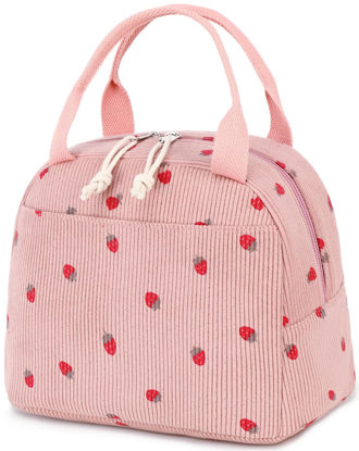 Picture of Bluboon Lunch Bag for Women Men Cute Corduroy Lunch Tote Bags Reusable Insulated Lunch Box Large Capacity Reusable Insulated Cooler for Work Picnic or Travel (Corduroy strawberry pink)