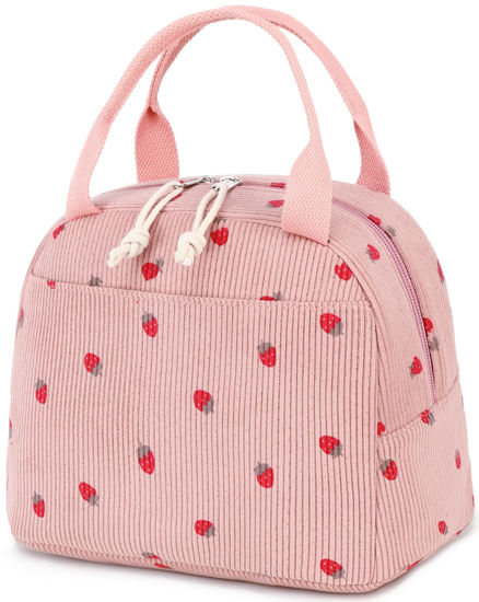 Picture of Bluboon Lunch Bag for Women Men Cute Corduroy Lunch Tote Bags Reusable Insulated Lunch Box Large Capacity Reusable Insulated Cooler for Work Picnic or Travel (Corduroy strawberry pink)