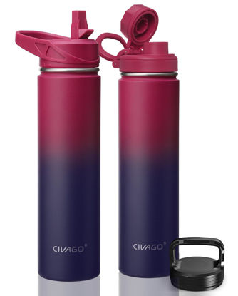 Picture of CIVAGO 24 oz Insulated Water Bottle With Straw, Stainless Steel Sports Water Flask Cup with 3 Lids (Straw, Spout and Handle Lid), Double Walled Travel Thermal Canteen Mug, Dark Rainbow
