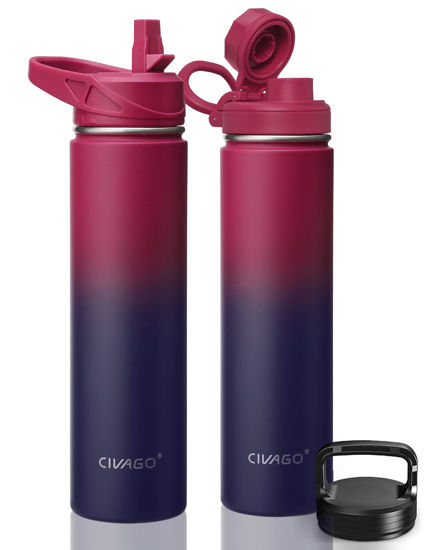 Picture of CIVAGO 24 oz Insulated Water Bottle With Straw, Stainless Steel Sports Water Flask Cup with 3 Lids (Straw, Spout and Handle Lid), Double Walled Travel Thermal Canteen Mug, Dark Rainbow