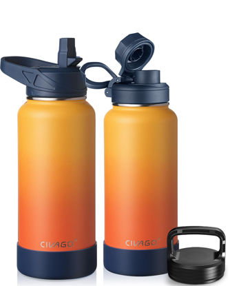 Picture of CIVAGO 32 oz Insulated Water Bottle With Straw, Stainless Steel Sports Water Cup Flask with 3 Lids (Straw, Spout and Handle Lid), Wide Mouth Travel Thermal Mug, Gradient Orange