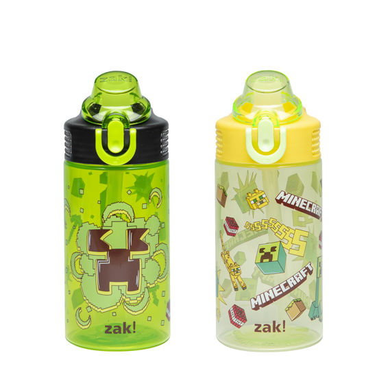 Picture of Zak Designs Minecraft Sage Kids Water Bottle For School or Travel, 16oz Durable Plastic Water Bottle With Straw, Handle, and Leak-Proof, Pop-Up Spout Cover, 2-Pack Set (Creeper)