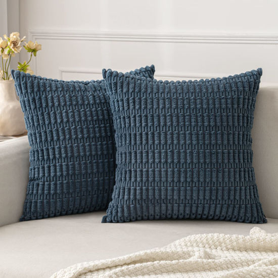 Picture of MIULEE Pack of 2 Corduroy Decorative Throw Pillow Covers 20x20 Inch Soft Boho Striped Pillow Covers Modern Farmhouse Home Decor for Sofa Living Room Couch Bed Blue
