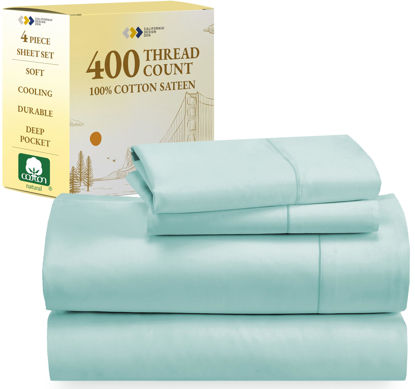 Picture of California Design Den Softest 100% Cotton Sheets, Full Size Sheet Sets, 400 Thread Count Sateen Bedding, Deep Pocket Sheets, Cooling Sheets, Full Size Sheets, Breathable Bed Set (Seafoam)