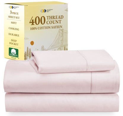Picture of California Design Den Softest 100% Cotton Sheets, Twin Sheets Set, 400 Thread Count Sateen Bedding for Dorm Rooms & Adults, Deep Pocket Sheets, Cooling Sheets, Twin Bed Sheets (Pink)