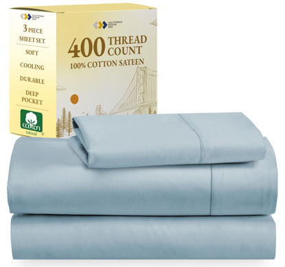 Picture of California Design Den Softest 100% Cotton Sheets, Twin Sheets Set, 400 Thread Count Sateen Bedding for Dorm Rooms & Adults, Deep Pocket Sheets, Cooling Sheets, Twin Bed Sheets (Sky Blue)