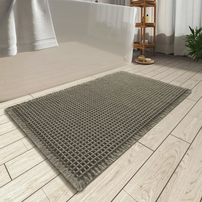 Picture of AMOAMI Upgraded Waffle Bath Mat, Super Absorbent Non Slip Bath Mats for Bathroom Floor, Machine Washable Bathroom Rugs with Tassels, Rubber Backed Bathroom Mats, Ultra Soft, 17" x 24", Dark Green
