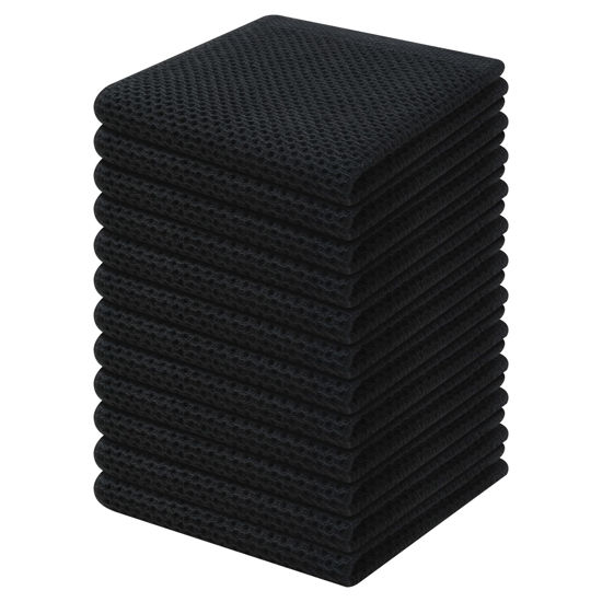 Picture of Kitinjoy 100% Cotton Kitchen Dish Cloths, 12 Pack Waffle Weave Ultra Soft Absorbent Dish Towels for Drying Dishes Quick Drying Kitchen Towels Dish Rags, 12 X 12Inch, Black