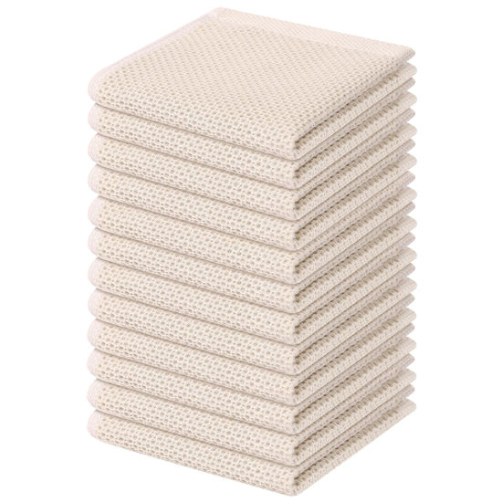 Picture of Kitinjoy 100% Cotton Kitchen Dish Cloths, 12 Pack Waffle Weave Ultra Soft Absorbent Dish Towels for Drying Dishes Quick Drying Kitchen Towels Dish Rags, 12 X 12Inch, Beige