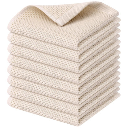 Picture of Kitinjoy 100% Cotton Kitchen Dish Cloths, 8 Pack Waffle Weave Ultra Soft Absorbent Dish Towels for Drying Dishes Quick Drying Kitchen Towels Dish Rags, 12 X 12Inch, Beige