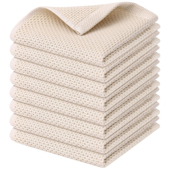Picture of Kitinjoy 100% Cotton Kitchen Dish Cloths, 8 Pack Waffle Weave Ultra Soft Absorbent Dish Towels for Drying Dishes Quick Drying Kitchen Towels Dish Rags, 12 X 12Inch, Beige