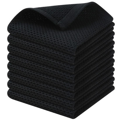 Picture of Kitinjoy 100% Cotton Kitchen Dish Cloths, 8 Pack Waffle Weave Ultra Soft Absorbent Dish Towels for Drying Dishes Quick Drying Kitchen Towels Dish Rags, 12 X 12Inch, Black