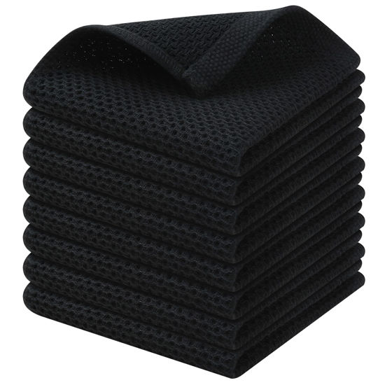 Picture of Kitinjoy 100% Cotton Kitchen Dish Cloths, 8 Pack Waffle Weave Ultra Soft Absorbent Dish Towels for Drying Dishes Quick Drying Kitchen Towels Dish Rags, 12 X 12Inch, Black