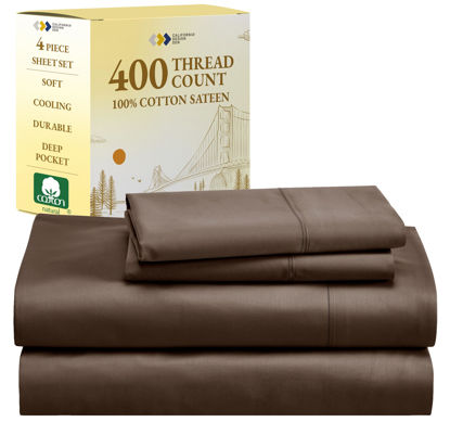 Picture of California Design Den Queen Sheet Set 400 Thread Count, 100% Cotton Sateen Sheets for Queen Size Bed, Soft & Breathable, Cooling Brown Sheet, Deep Pocket Bed Sheets (Brown)