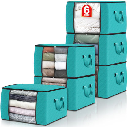 Picture of Fab totes 6 Pack Clothes Storage, Foldable Thick Fabric Blanket Storage Bags, Storage Containers for Organizing Bedroom, Closet, Clothing, Comforter, Organization and Storage with Handle,Green
