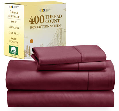 Picture of California Design Den 100% Cotton Sheets, Soft Queen Sheet Set, Cooling Sheets for Queen Size Bed with Deep Pockets, 400 Thread Count Sateen, Bedding Sheets & Pillowcases, Queen Sheets (Burgundy Red)