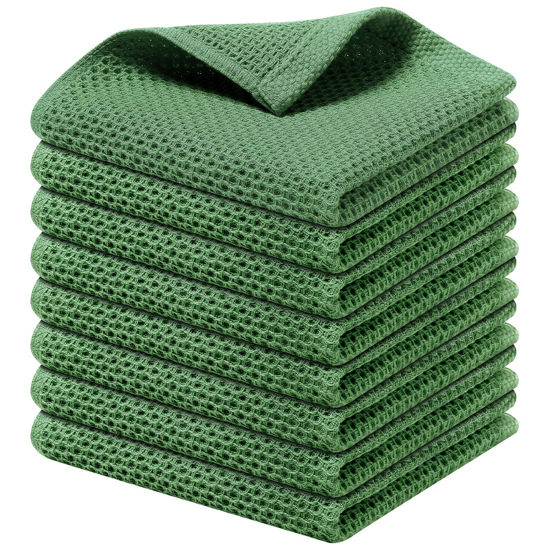 Picture of Kitinjoy 100% Cotton Kitchen Dish Cloths, 8 Pack Waffle Weave Ultra Soft Absorbent Dish Towels for Drying Dishes Quick Drying Kitchen Towels Dish Rags, 12 X 12 Inches, Grass Green