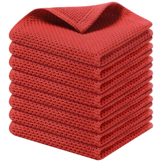 Picture of Kitinjoy 100% Cotton Kitchen Dish Cloths, 8 Pack Waffle Weave Ultra Soft Absorbent Dish Towels for Drying Dishes Quick Drying Kitchen Towels Dish Rags, 12 X 12 Inches, Brick Red