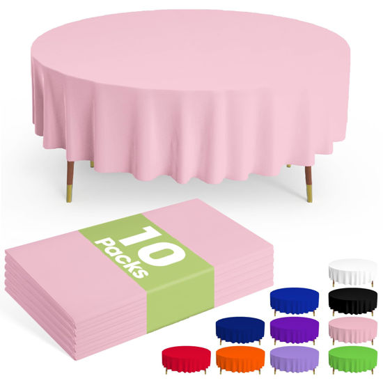 Picture of Pureegg Plastic Table Cloth Disposable - 10 Pack, Disposable Table Cloths for Parties, Weddings, Decorative Round Tablecloths, 84'' Pink Plastic Tablecloth, Leakproof & Sturdy, Pink