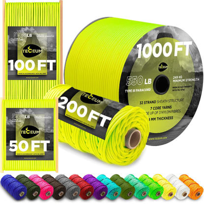 Picture of TECEUM Paracord Type III 550 Sofit Yellow - 50 ft - 4mm - Tactical Rope MIL-SPEC - Outdoor para Cord -Camping Hiking Fishing Gear and Equipment - EDC Parachute Cord - Strong Survival Rope