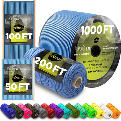 Picture of TECEUM Paracord Type III 550 ICY Lake - 200 ft - 4mm - Tactical Rope MIL-SPEC - Outdoor para Cord - Camping Hiking Fishing Gear - EDC Parachute Cord - Strong Survival Rope 466