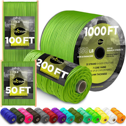 Picture of TECEUM Paracord Type III 550 Fluo Green - 200 ft - 4mm - Tactical Rope MIL-SPEC - Outdoor para Cord - Camping Hiking Fishing Gear - EDC Parachute Cord - Strong Survival Rope 017
