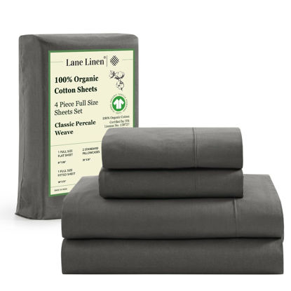 Picture of LANE LINEN 100% Organic Cotton Full Sheets Set 4-Piece Pure Percale Long Staple Soft Bedding Breathable Fits Mattress Upto 15" Deep - Charcoal
