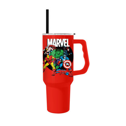 Picture of Silver Buffalo Marvel Avengers Featuring Captain America, Thor, The Hulk, Iron Man, and Black Widow Stainless Steel Tumbler with Handle and Straw, Fits in Standard Cup Holder, 40 Ounces