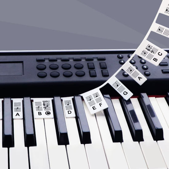 Picture of Removable Piano Key Stickers Note Labels for 88 Key Full Size Silicone Reusable Piano Keyboard Stickers for Beginners Comes with Box (Black)