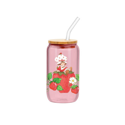 Picture of Silver Buffalo Strawberry Shortcake Giant Strawberry Pink Glass Jar Tumbler with Bamboo Lid and Glass Straw, 16 Ounces