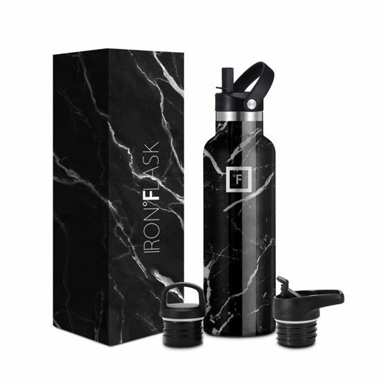 Picture of IRON °FLASK Camping & Hiking Hydration Canteens - 3 Lids (Narrow Straw Lid) Leak Proof Vacuum Insulated Stainless Steel - Hot & Cold Double Walled Sports Water Bottle - Black Marquina, 20 Oz