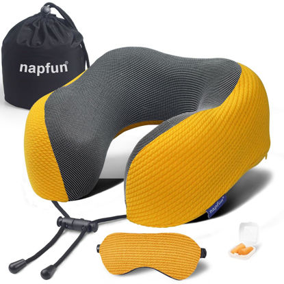 Picture of napfun Neck Pillow for Traveling, Upgraded Travel Neck Pillow for Airplane 100% Pure Memory Foam Travel Pillow for Flight Headrest Sleep, Portable Plane Accessories, Yellow, Medium (120-200LB)