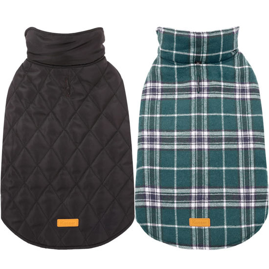 Picture of Kuoser Warm Reversible Dog Jacket Waterproof Winter Coat British Style Plaid Pet Clothes Cold Weather Coats Cozy Snow Vest for Small Medium Large Dogs Green XS