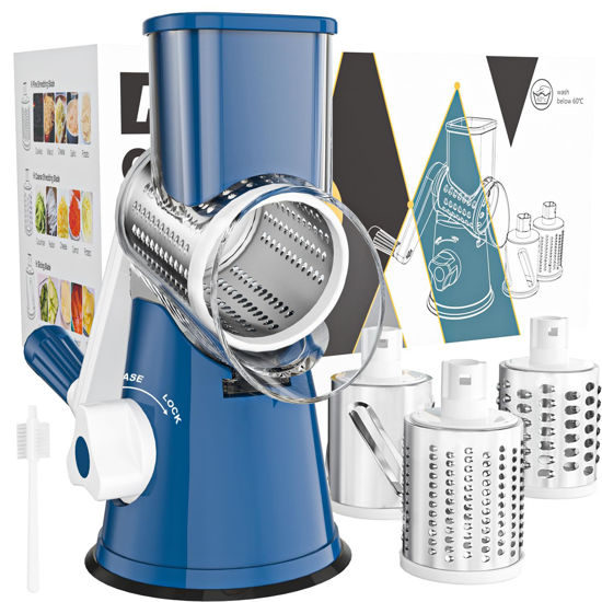 Picture of Cambom Rotary Cheese Grater Hand Crank Cheese Shredder for Fresh Cheese, Vegetable, Nuts,Non-slip Suction Base, Free Cleaning Brush Three Blades,Deep Blue