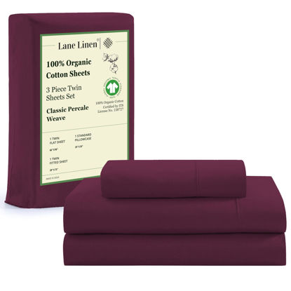 Picture of LANE LINEN 100% Organic Cotton Twin Bed Sheet Set, 3 Pc Twin Size Sheet Set, Soft & Breathable Twin Sheet Set Boys, Hotel Style Bedding Sheets & Pillowcases, 15" Deep Twin Fitted Sheet - Windsor Wine