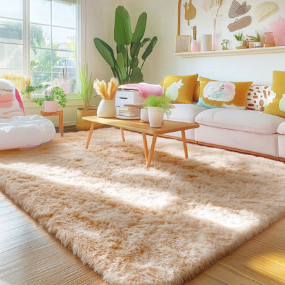 Picture of OLANLY Area Rugs for Living Room Bedroom, Machine Washable 4x5.9 Feet Soft Fluffy Shaggy Bedside Rug, Indoor Floor Carpet for Kids Girls and Boys, Dorms, Nursery Rooms, Home Decor Aesthetic, Beige