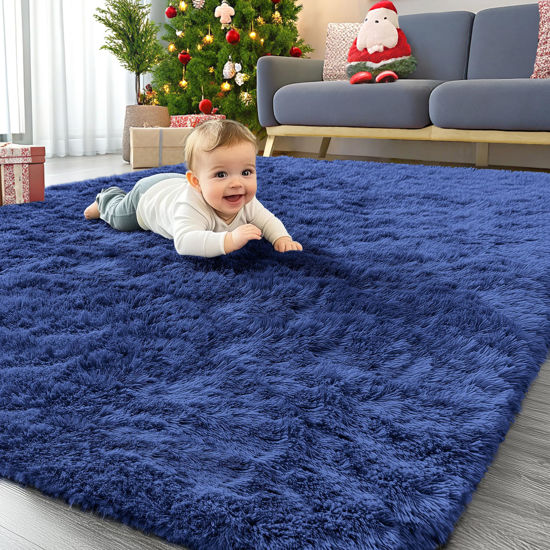 Picture of OLANLY Area Rugs for Living Room Bedroom, Machine Washable 4x5.9 Feet Soft Fluffy Shaggy Bedside Rug, Indoor Floor Carpet for Kids Girls Boys, Dorms, Nursery Rooms, Home Decor Aesthetic, Navy Blue