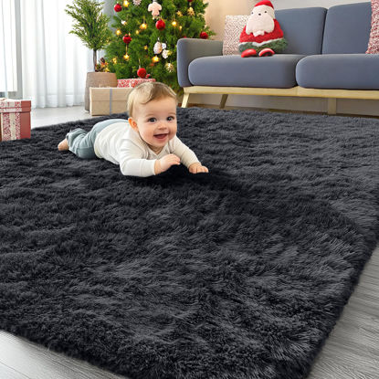 Picture of OLANLY Area Rugs for Living Room Bedroom, Machine Washable 4x5.9 Feet Soft Fluffy Shaggy Bedside Rug, Indoor Floor Carpet for Kids Girls and Boys, Dorms, Nursery Rooms, Home Decor Aesthetic, Black