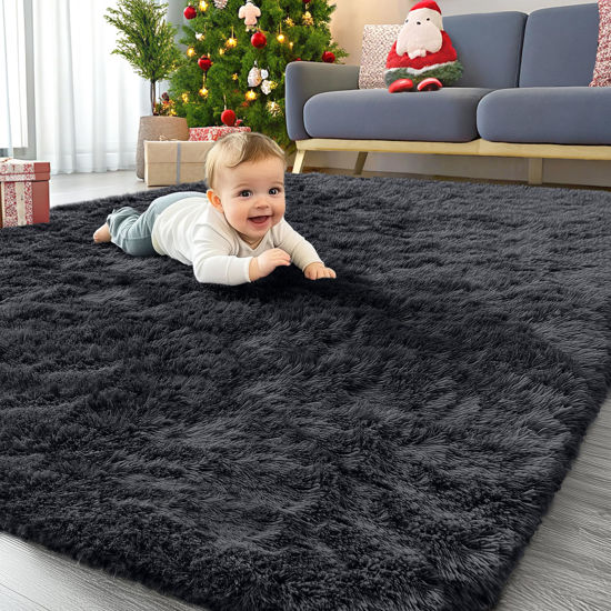 Picture of OLANLY Area Rugs for Living Room Bedroom, Machine Washable 4x5.9 Feet Soft Fluffy Shaggy Bedside Rug, Indoor Floor Carpet for Kids Girls and Boys, Dorms, Nursery Rooms, Home Decor Aesthetic, Black