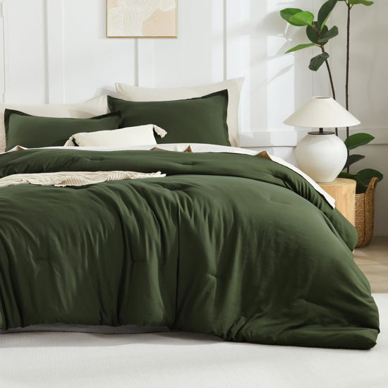Picture of Litanika Dark Olive Green Comforter Set Full, 3 Pieces Solid Bedding Comforter Set, All Season Fluffy Bed Set (79x90In Comforter & 2 Pillowcases)