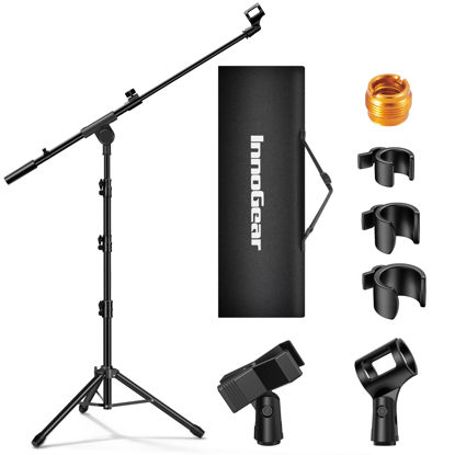 Picture of InnoGear Microphone Stand, Tripod Boom Arm Floor Mic Stand Height Adjustable Heavy Duty with Carrying Bag 2 Mic Clips 3/8" to 5/8" Adapter for Singing Podcast for Blue Yeti Shure SM58 SM48 Samson Q2U