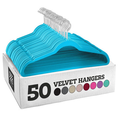 Picture of Zober Velvet Hangers 50 Pack - Heavy Duty Turquoise Hangers for Coats, Pants & Dress Clothes - Non Slip Clothes Hanger Set - Space Saving Felt Hangers for Clothing